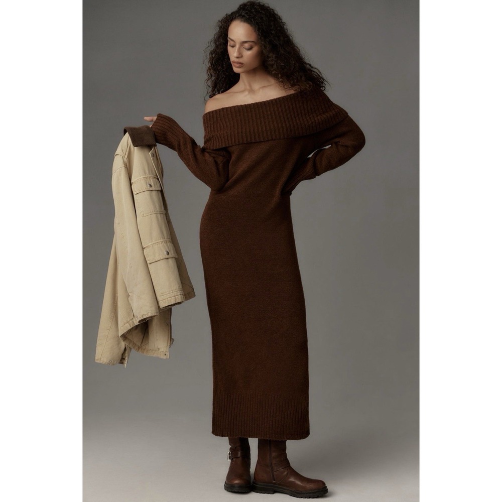 ANTHROPOLOGIE DAILY PRACTICE Women's M Midi Sweater Dress Off Shoulder Foldover